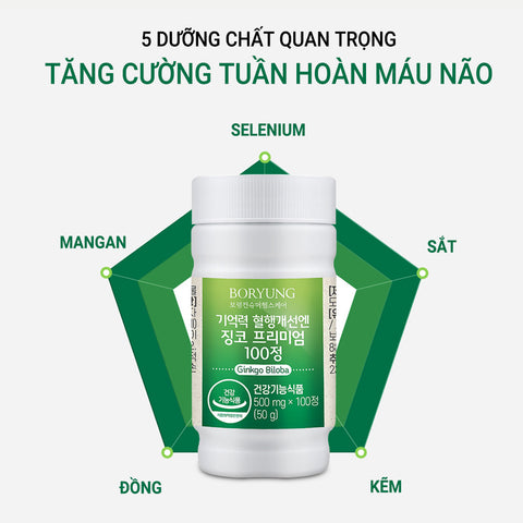 [Boryung] Viên Cải Thiện Trí Nhớ Và Tuần Hoàn Máu Ginkgo Premium 100