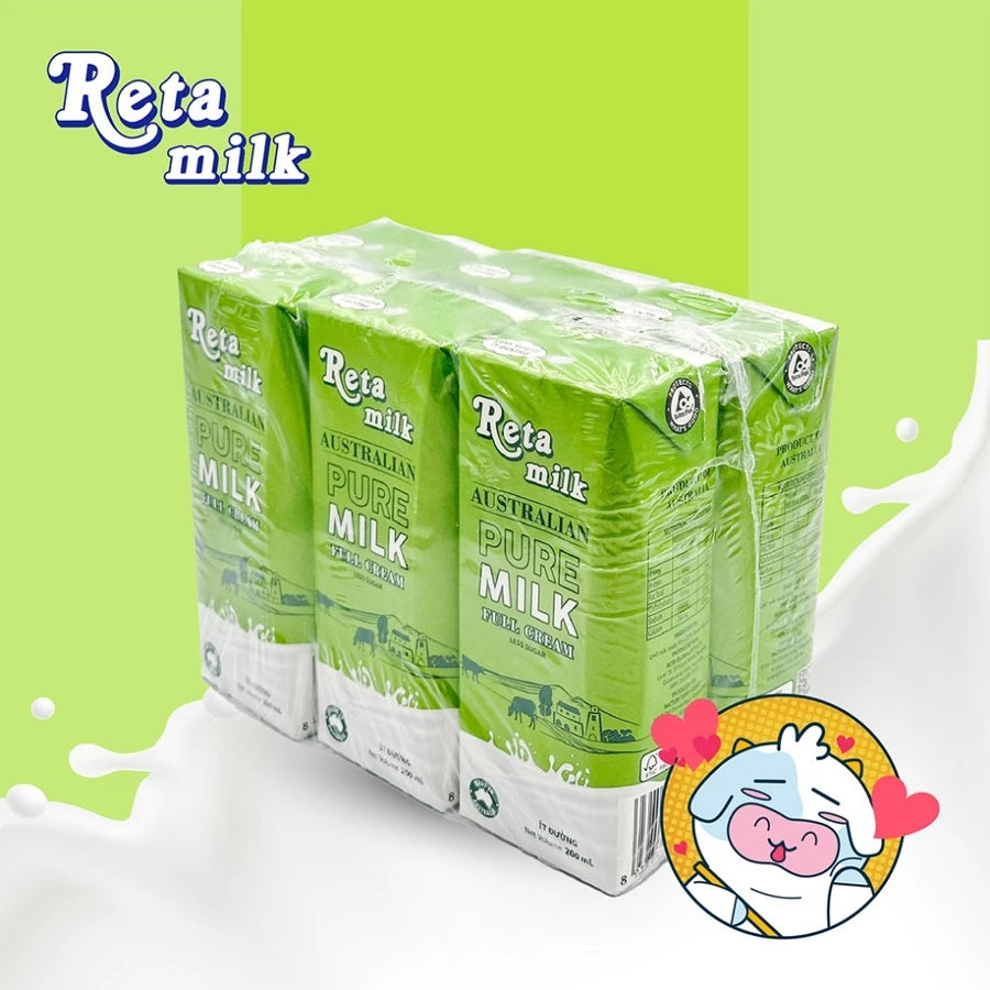Sữa Tươi Úc Tiệt Trùng Reta Milk Ít Đường 200ml - Lốc 6 hộp
